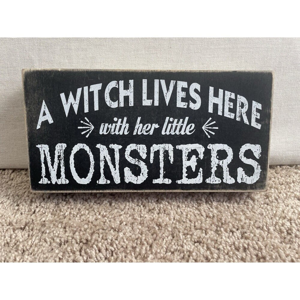 A Witch Lives Here With Her Little Monsters Wooden Block Box Shelf Sign 9.5x5